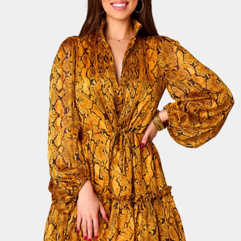 Buddy Love Gold and Brown Ruffled Wrap Dress